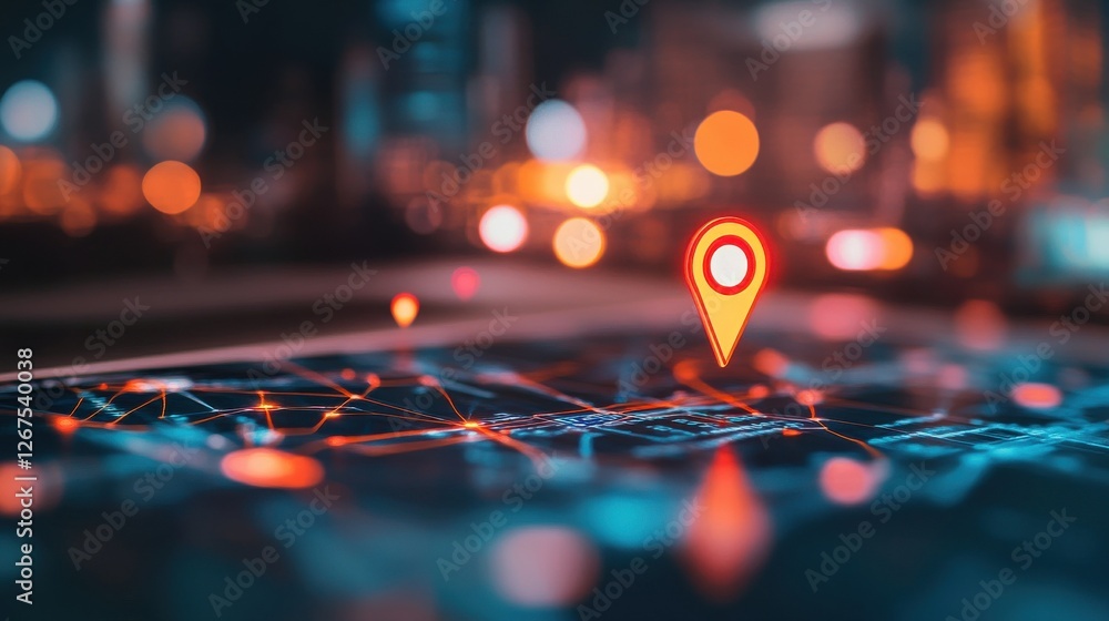 Poster technology and global connection concept. close up of digital map with location pins and laptop on b