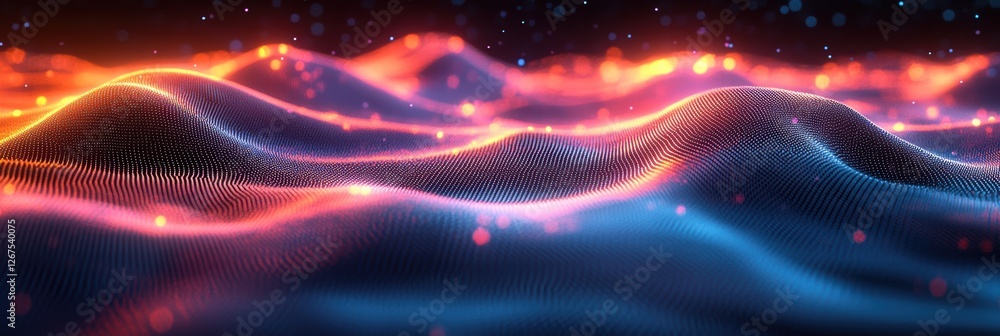 Poster vibrant digital waves of light in a complex pattern of dots and lines