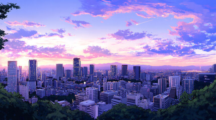 Fototapeta premium Cityscape Twilight Panorama with Pastel Clouds and Towering Skyscrapers in Urban Ambiance Anime Style