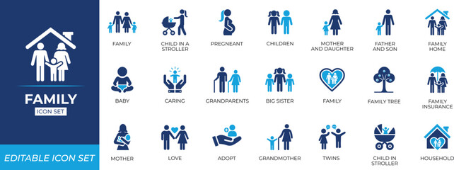 Obraz premium family icon set featuring parents, children, father, grandfather, grandmother, and home relations designed for apps, services, infographics, group, hug, human, insurance, and social welfare visuals.