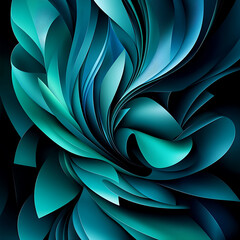 Abstract turquoise and teal ribbons swirl dramatically against a dark background, creating a dynamic, elegant composition.