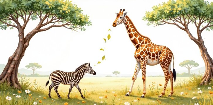 Watercolor painting of a giraffe and zebra playing with leaves in the savannah, child's bedroom decor, nursery wall decal, watercolor art
