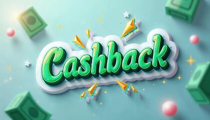Colorful cashback promotional graphic with playful elements and money-themed background