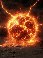 Fiery sphere emitting radiant energy, cracked surface, with lightning striking a barren, rocky landscape under a dark sky.