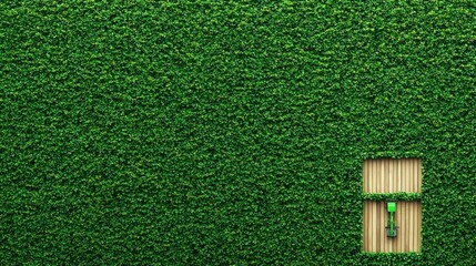 A textured green wall covered in grass with a small wooden door at the bottom right corner.