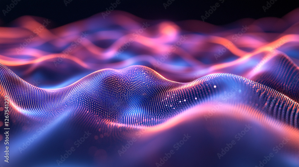 Poster vibrant waves of light and color dance in an abstract digital landscape, captivating the imagination