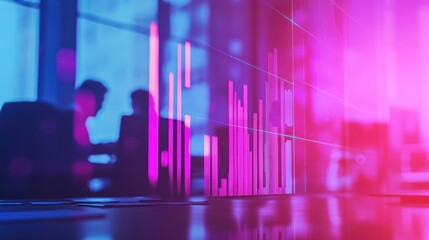 Business Data Analysis: Neon Financial Charts and Blurred Figures in Office Setting
