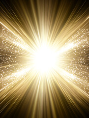 Golden light bursts outward, radiating bright beams and a shower of glittering particles into the surrounding dark space.