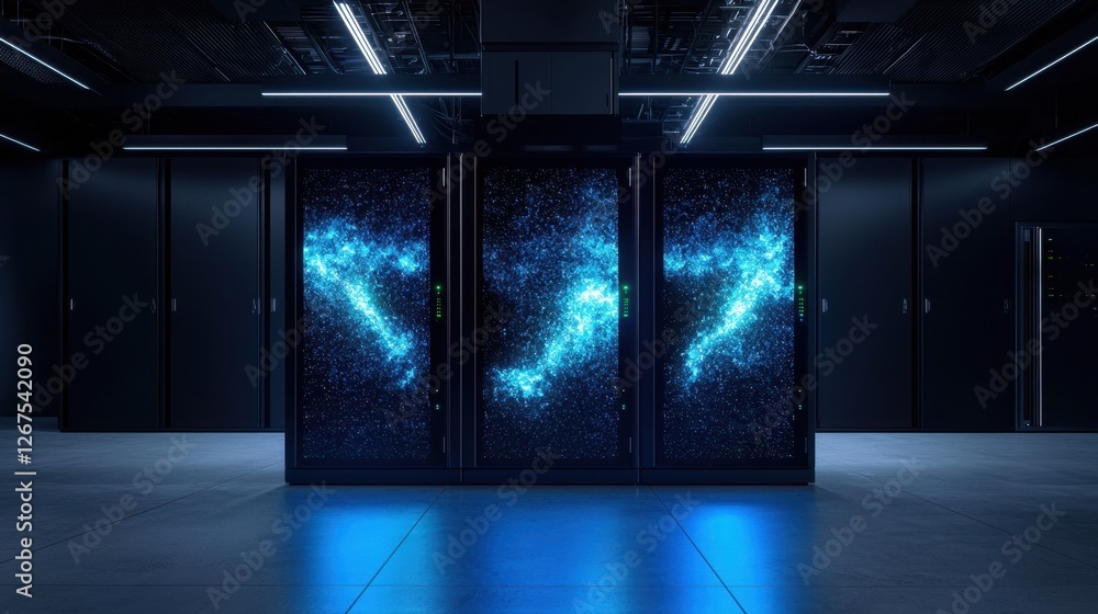 Poster futuristic data center with sparkling starry background on server racks in dark environment illumina