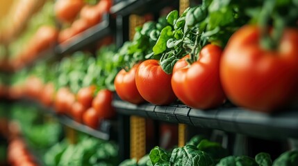 Fresh, vibrant tomatoes on shelves surrounded by lush green leaves, showcasing a healthy and appealing vegetable display.