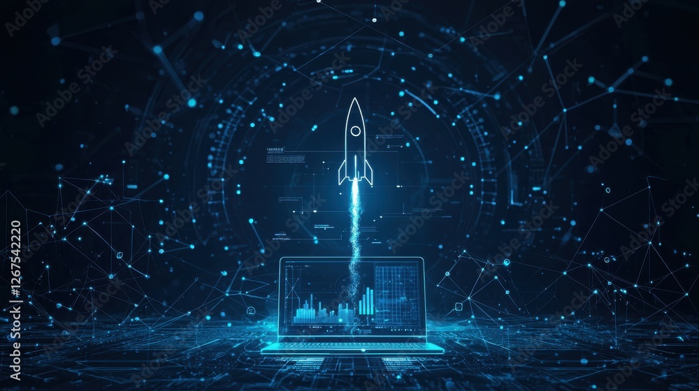 Poster futuristic laptop displaying data with rocket launch animation in a digital space filled with glowin
