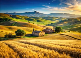 Sicilian summer: picturesque rural landscapes, golden wheat fields, scenic agriculture.