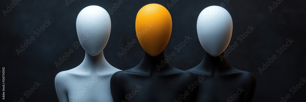 Aufkleber artistic exploration of form and color with three monochrome figures against a dark background