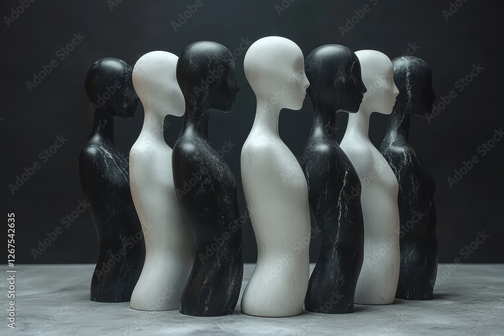 Poster figures in contrasting colors display artistic harmony in a minimalist arrangement