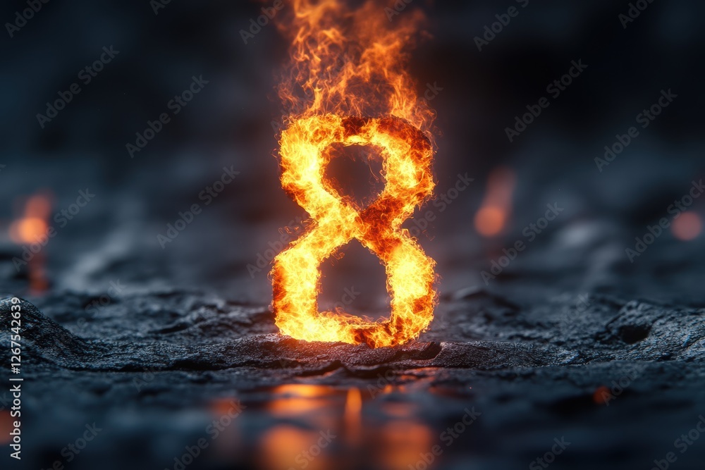 Poster unique representation of number eight created with flames on a dark textured surface