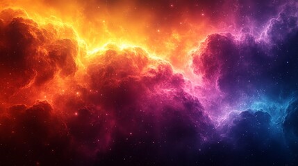 Naklejka premium Fiery cosmic nebula with vibrant orange, red, and purple hues, swirling gases and stars.