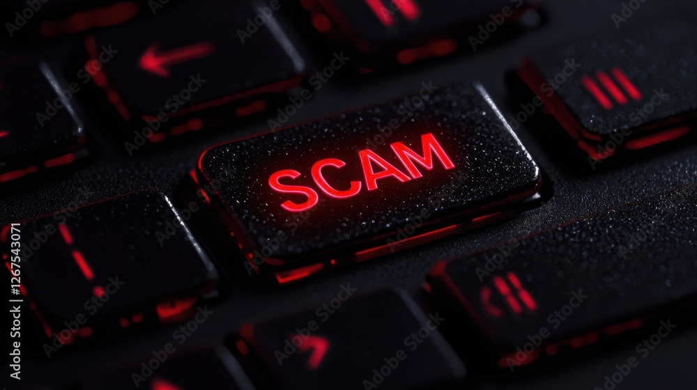 Poster close-up of a keyboard key illuminated in red with the word 