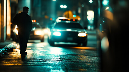 Obraz premium Nighttime encounter with police lights illuminating a solitary figure walking down an empty urban street