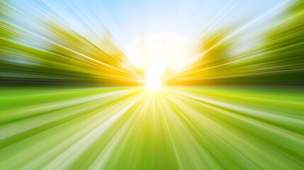 Abstract light bursts from blurred green and gold, radiating outward toward a blue sky.
