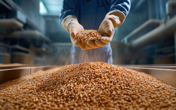 In a bustling grain processing facility, a worker delicately handles wheat grains, showcasing the importance of proper grain management and the intricate journey from harvest to storage.