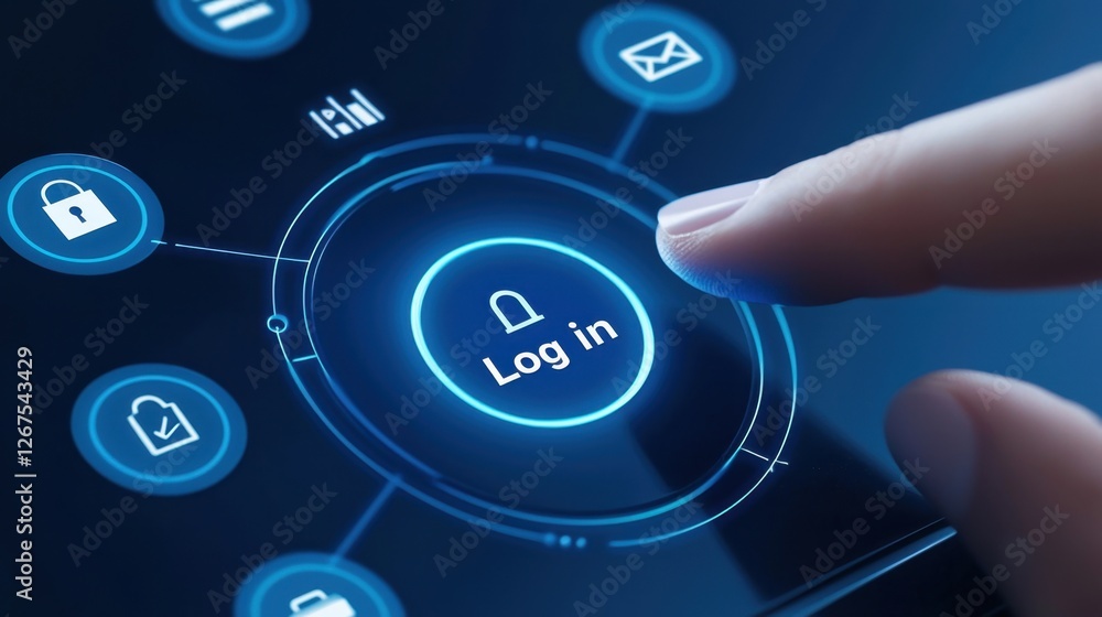 Poster user pressing a digital button on a touch screen to log in, showcasing modern technology and securit