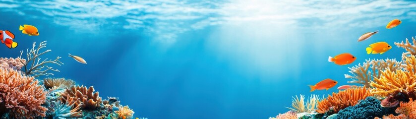 Obraz premium Vibrant Underwater Scene with Colorful Fish and Coral Reef Under Sunlight in Clear Blue Ocean Depths