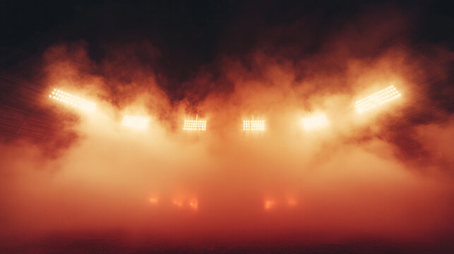 Illuminated stage shrouded in dramatic fog during an electrifying performance under vibrant lights