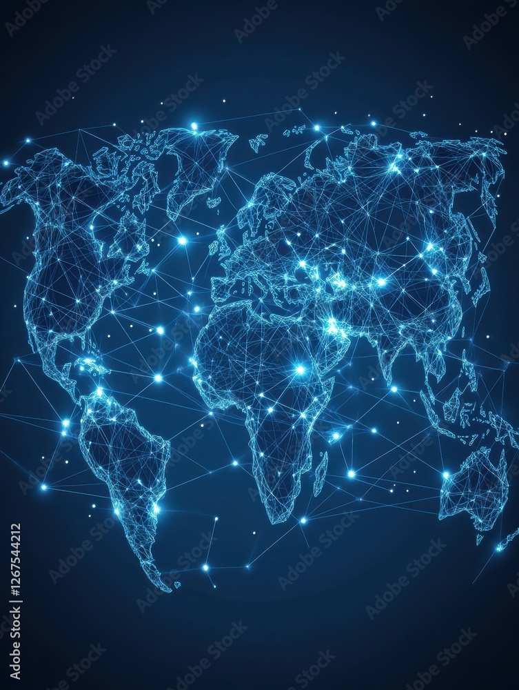 Poster world map with abstract global data connections and telecommunication network lines. vector illustra