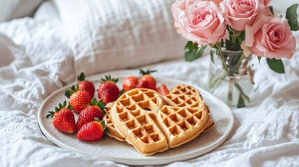 A Valentine’s Day breakfast-in-bed setting, with heart-shaped carrot cake waffles, a side of strawberries, and a vase of pink roses on a white duvet