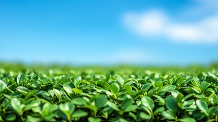 Fototapeta premium Vibrant Green Field, Lush Leaves, Clear Sky. Idyllic Springtime Nature, Bright Daylight