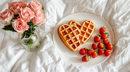 A Valentine’s Day breakfast-in-bed setting, with heart-shaped carrot cake waffles, a side of strawberries, and a vase of pink roses on a white duvet