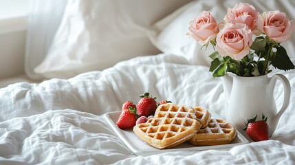A Valentine’s Day breakfast-in-bed setting, with heart-shaped carrot cake waffles, a side of strawberries, and a vase of pink roses on a white duvet