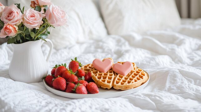 A Valentine’s Day breakfast-in-bed setting, with heart-shaped carrot cake waffles, a side of strawberries, and a vase of pink roses on a white duvet - Powered by Adobe