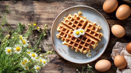Fototapeta premium A warm, inviting kitchen setting with carrot cake waffles served on a weathered wooden plate, accompanied by fresh farm eggs and a bouquet of wildflowers