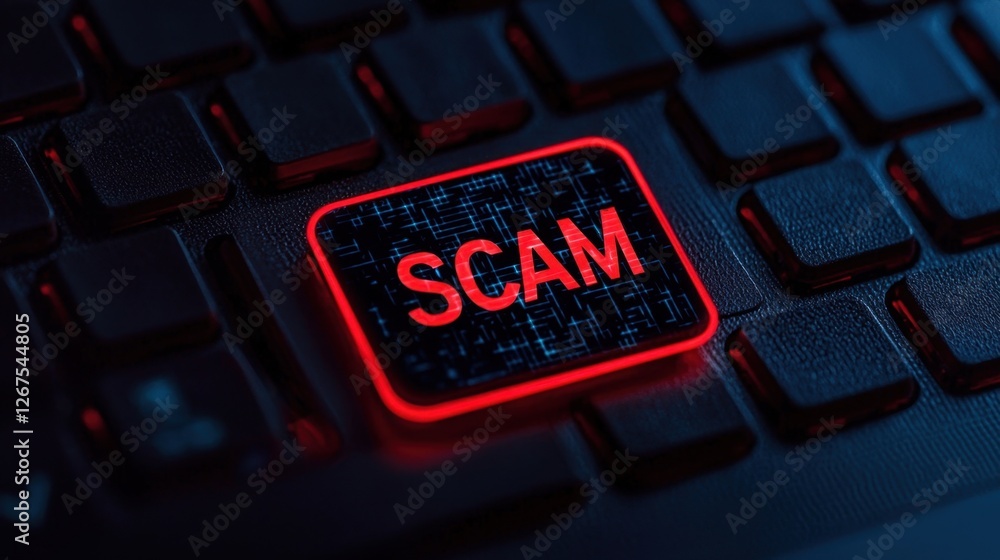 Poster close-up view of a black keyboard with a highlighted red key featuring the word scam representing cy