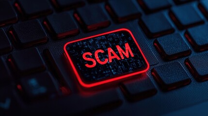 Close-Up View of a Black Keyboard with a Highlighted Red Key Featuring the Word Scam Representing Cyber Fraud and Online Scams in Technology Environment