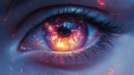 Obraz premium Fiery eye, close-up, fantasy art, cosmic background, for fantasy/sci-fi
