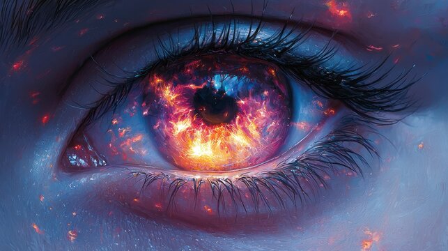 Fiery eye, close-up, fantasy art, cosmic background, for fantasy/sci-fi