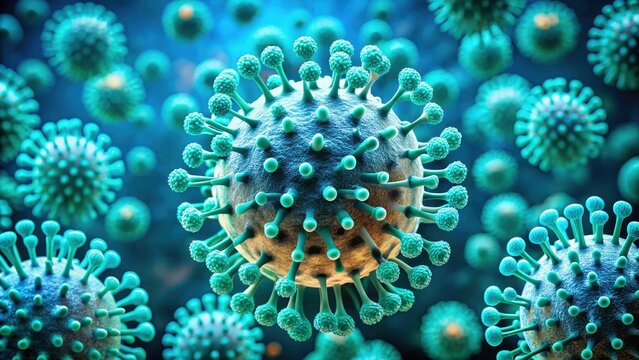 Spiky, teal virus: a minimalist image of microscopic protrusions.