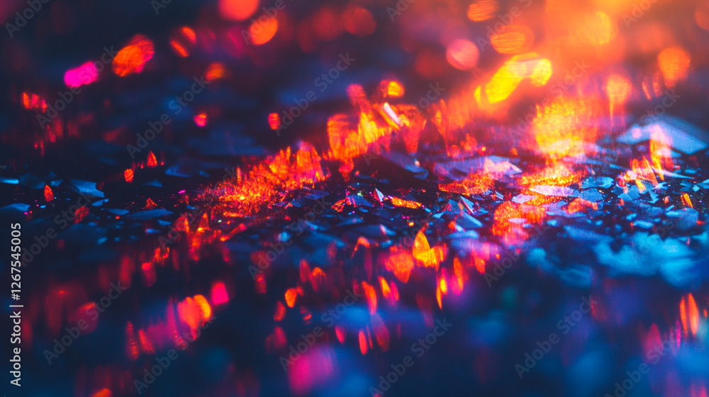 Poster colorful sparkles glimmer on a shimmering surface, creating an abstract visual delight at twilight