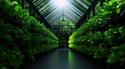 Experience the serene beauty of a greenhouse filled with vibrant greenery, sunlight filtering through glass, highlighting thriving plants in an enchanting, tranquil environment.