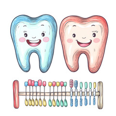 Happy teeth with colorful toothbrushes and candies Oral hygiene fun for kids