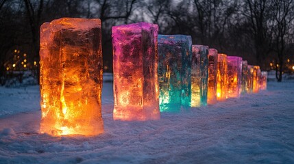 "A Nighttime Winter Wonderland of Colorful Ice Sculptures"