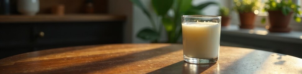 Glass of kefir on coffee table with dim lighting and subtle shadows, shadows, interior, furniture