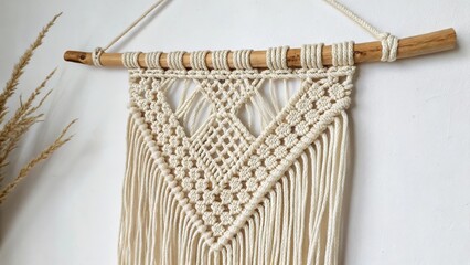 Macrame Wall Hanging, Beige Cotton Cord, Wooden Dowel