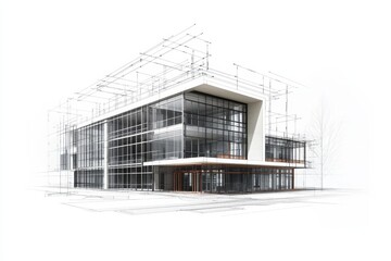 Modern architectural design layout for a commercial building with detailed sketches
