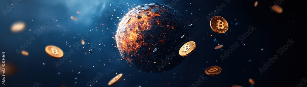 Poster a cosmic scene featuring a planet surrounded by floating coins, symbolizing the intersection of spac