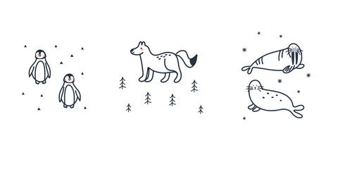 Arctic animal. Penguin, fox and walrus. Northern cute inhabitant. Character in snow forest line. T-shirt print card or poster. Childish and baby outline cute cartoon flat isolated north wildlife fauna