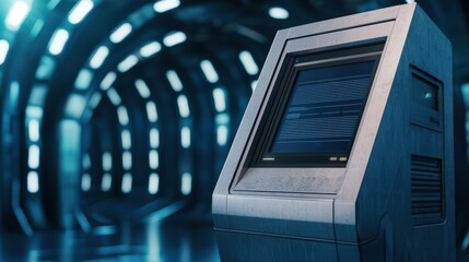 Obraz premium Sustainable Transport public smart concept. Futuristic kiosk in a sleek, illuminated environment.