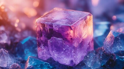 Close-up of an amethyst crystal in the shape of a cube, surrounded by other blue sapphires, with a focus on its purple color and intricate details.